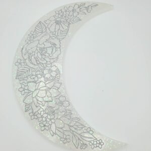 floral crescent moon hanging, clear with silver glitter