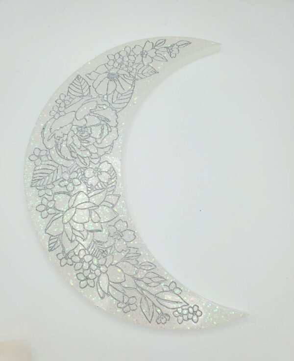 floral crescent moon hanging, clear with silver glitter