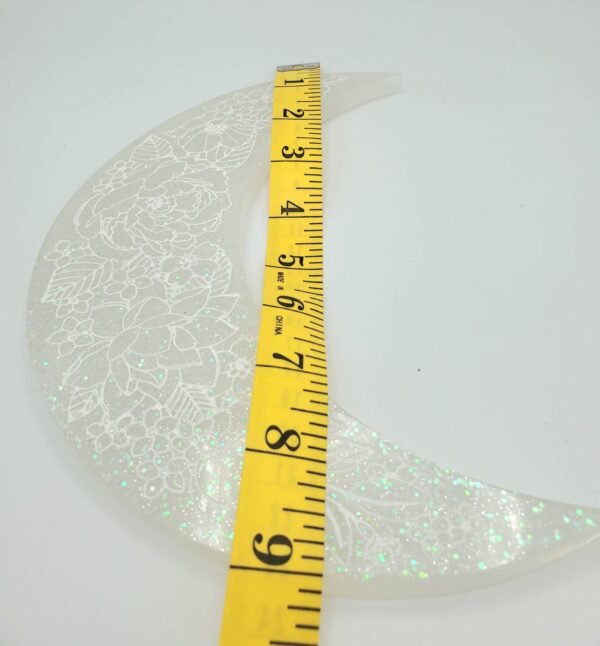 floral crescent moon hanging, clear with silver glitter